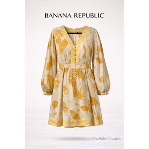 Banana Republic Linen Blend Mini Dress Yellow Beige Tropical Print Size 10 Pocke